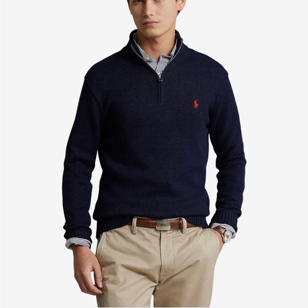 POLO Ralph Lauren Cotton 1/4 Zip Sweater. Navy. XL